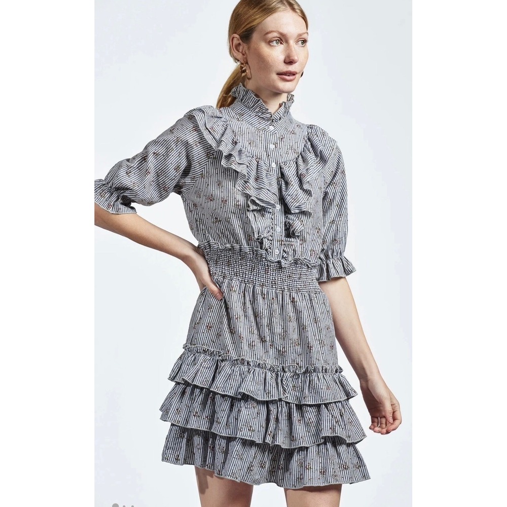 The Shirt Rochelle Behrens Striped Floral Ruffle Mini Dress Blue White Large NEW